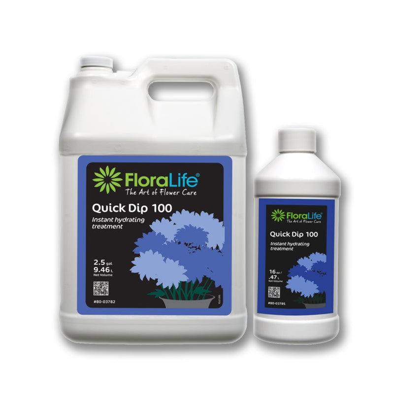 Floralife® Quick Dip®: pretratamiento de hidratación instantánea que destapa los conductos del tallo en 10-15 minutos. Reduce la merma y es apto para todas las flores. Presentaciones: 473.176 ml y 1 galón.