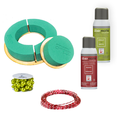  Kit de Navidad completo: incluye una corona chica y disco OASIS®, Ubermatte Radish, Ubermatte Sprout, alambre de perlas verde claro y alambre de aluminio diamante rojo. Perfecto para tus decoraciones festivas.