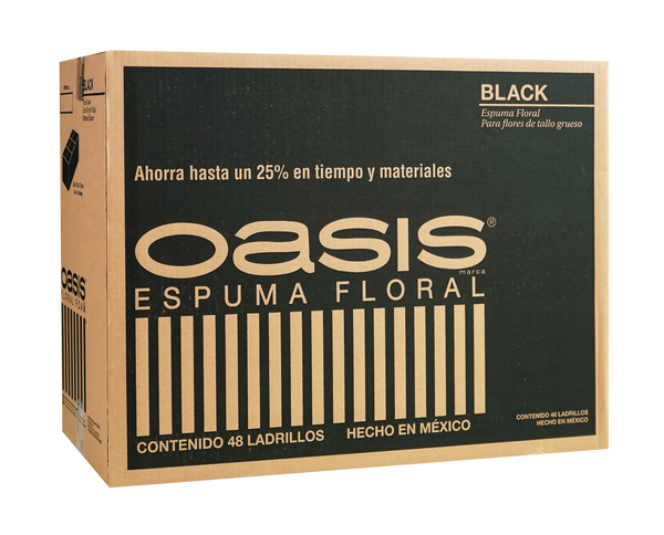 La espuma floral negra OASIS® Deluxe ofrece un fondo elegante para tus arreglos. Su firmeza y capacidad para sostener tallos gruesos permiten diseños sofisticados. Caja con 48 piezas.